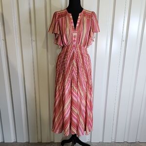 Hale Bob Pink and Cream Striped Della Midi Dress Size Small NWT Pleats Charmeuse